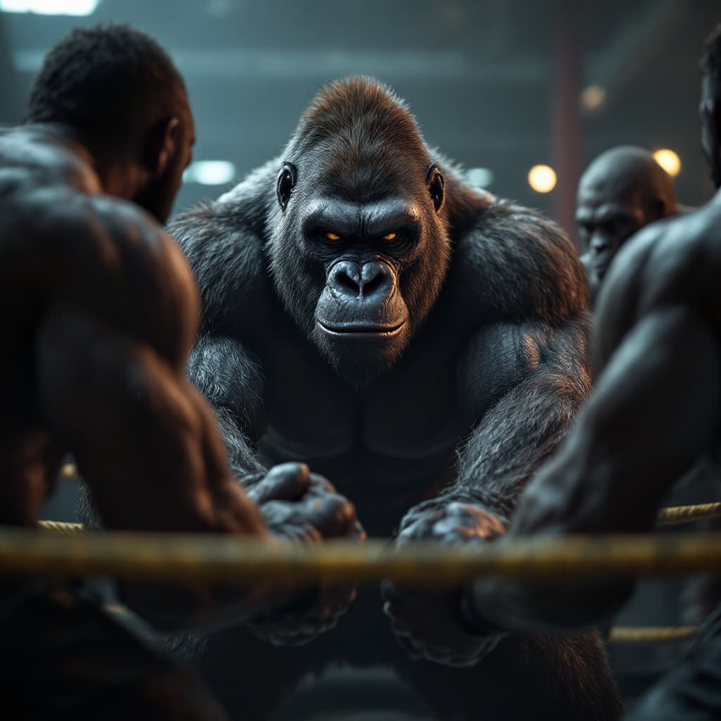 AI generated: Cinematic professional 3D animation of a gorilla  in a gym ring surrounded physically fit black men ...
