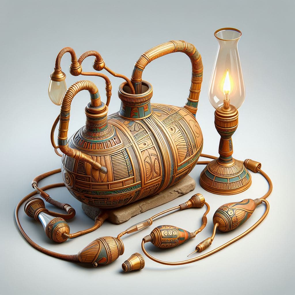AI generated: Archaic Egyptian battery which consists of an amphora and 2 wires leading to an unusual shaped lamp