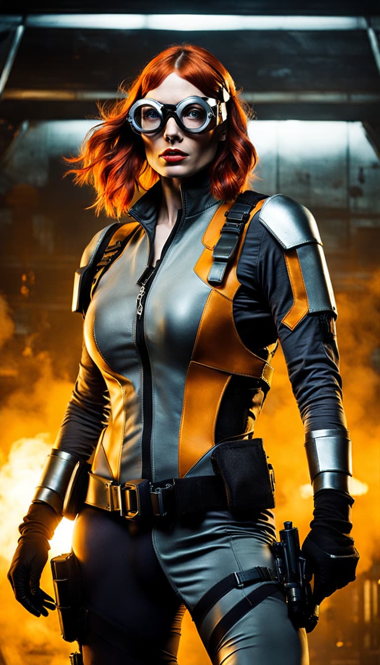 AI generated: 200mm portrait photo, close up,  half-body, a ginger girl cosplaying Gordon Freeman from Half-life g...