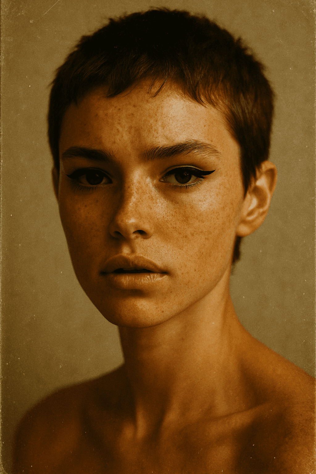 AI generated: A stunning close-up portrait of a girl with freckles and a short pixie cut. Her makeup is minimal ex...