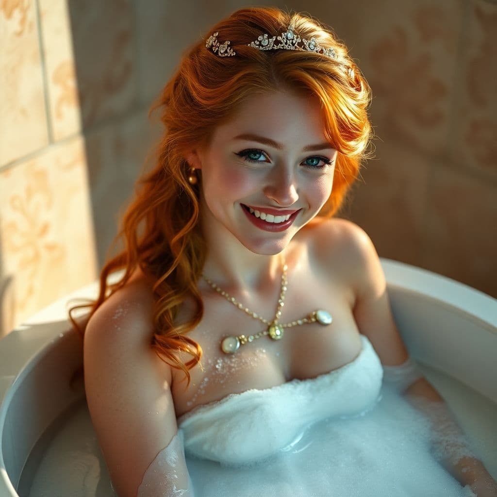AI generated: NSFW,sweet,cute smiling  very cute sweet ginger haired princess in a bath scene,monarchy,Renaissance...