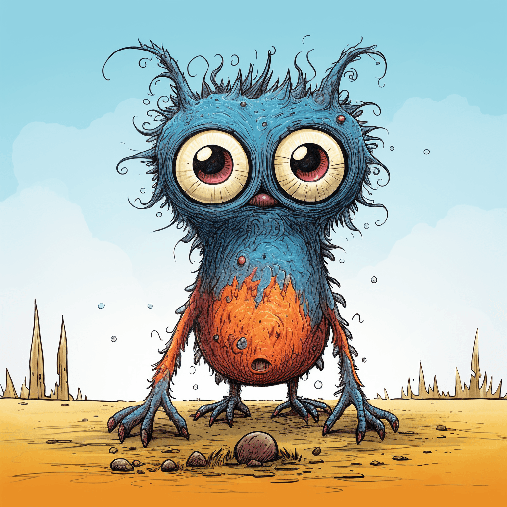 AI generated:  cartoon of a colorful creature, big eyes and big teeth, big feet, light bronze and blue schema, mos...