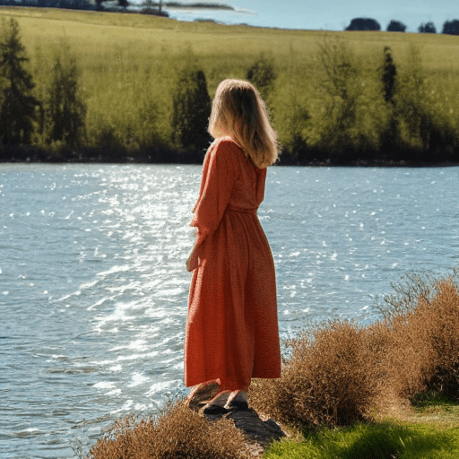 AI generated: femme robe longue, beau paysage, l'eau, soleil, printemps