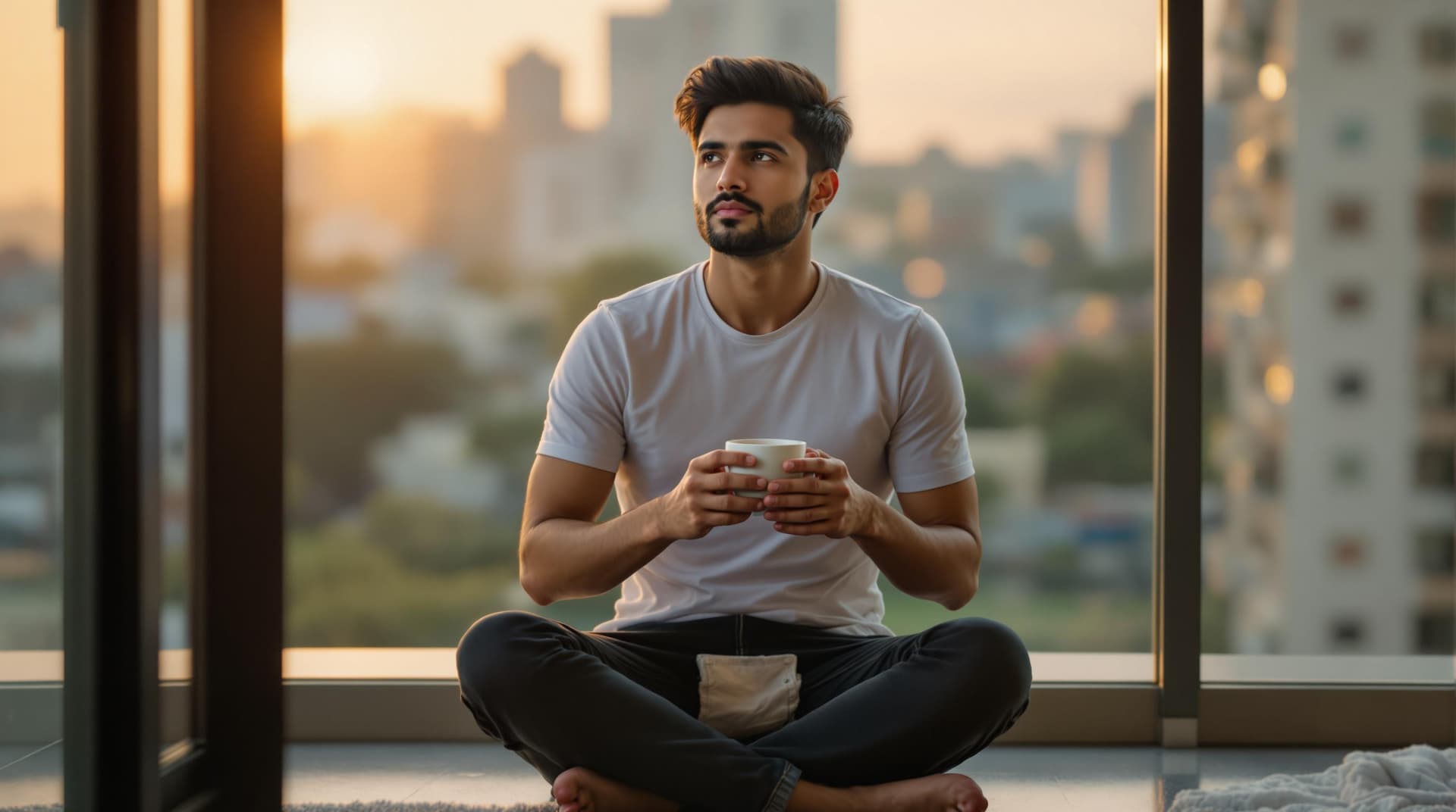 AI generated: "A cinematic medium shot of Rahul Sharma , a young Indian man in his late 20s with short black hair ...