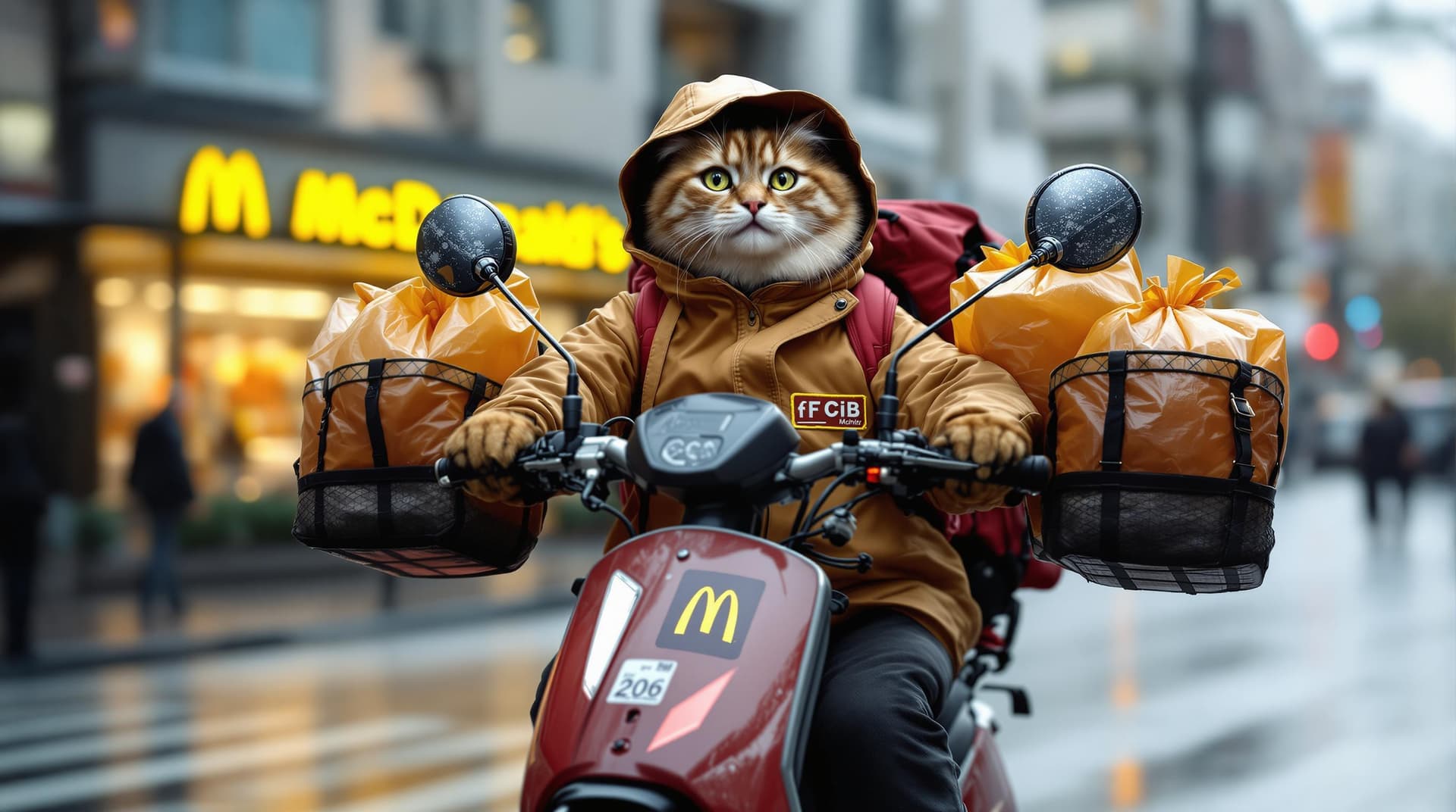 AI generated: Photography,  realistic, a cute cat wearing a McDonald's delivery uniformis riding an electric scoot...