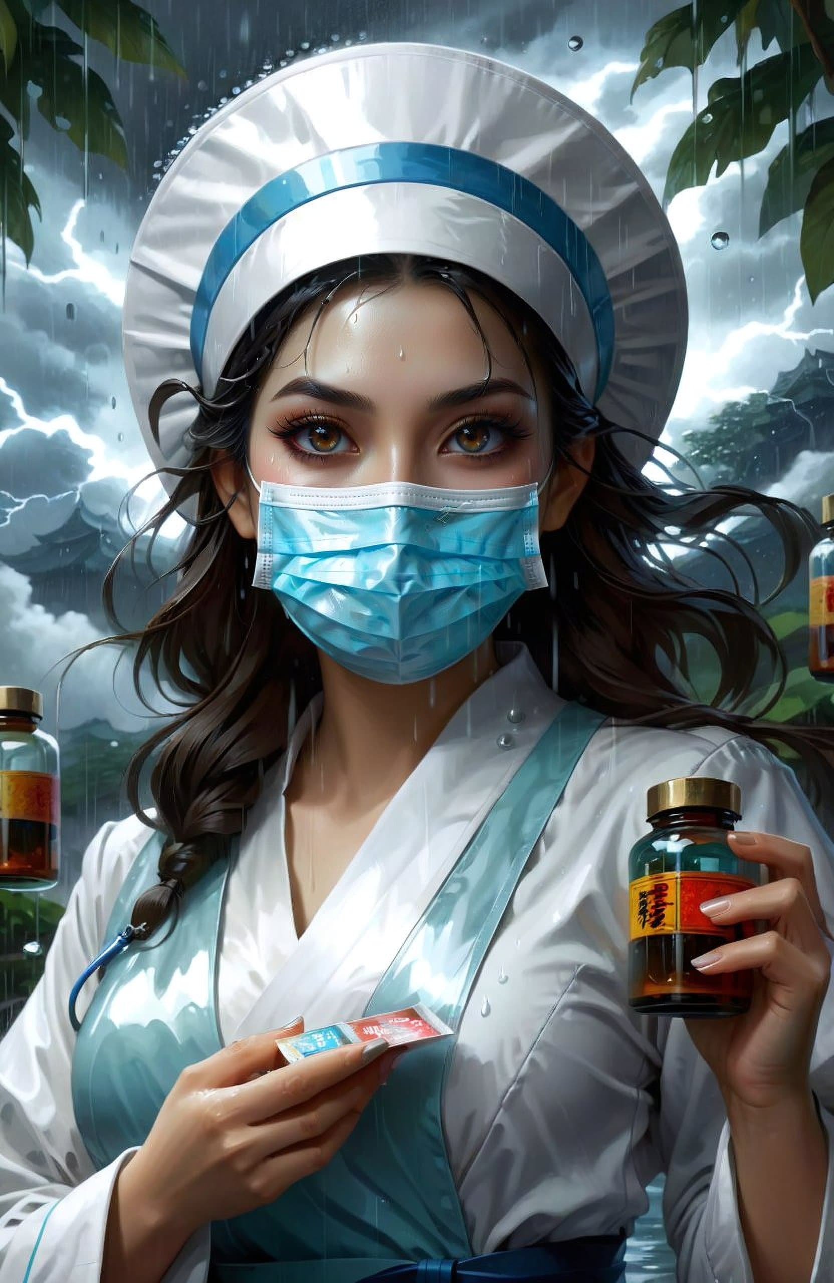 AI generated: female nurse holding medicines, asia woman, wearing medical mask, heavy rain, wind, thunder, reflect...