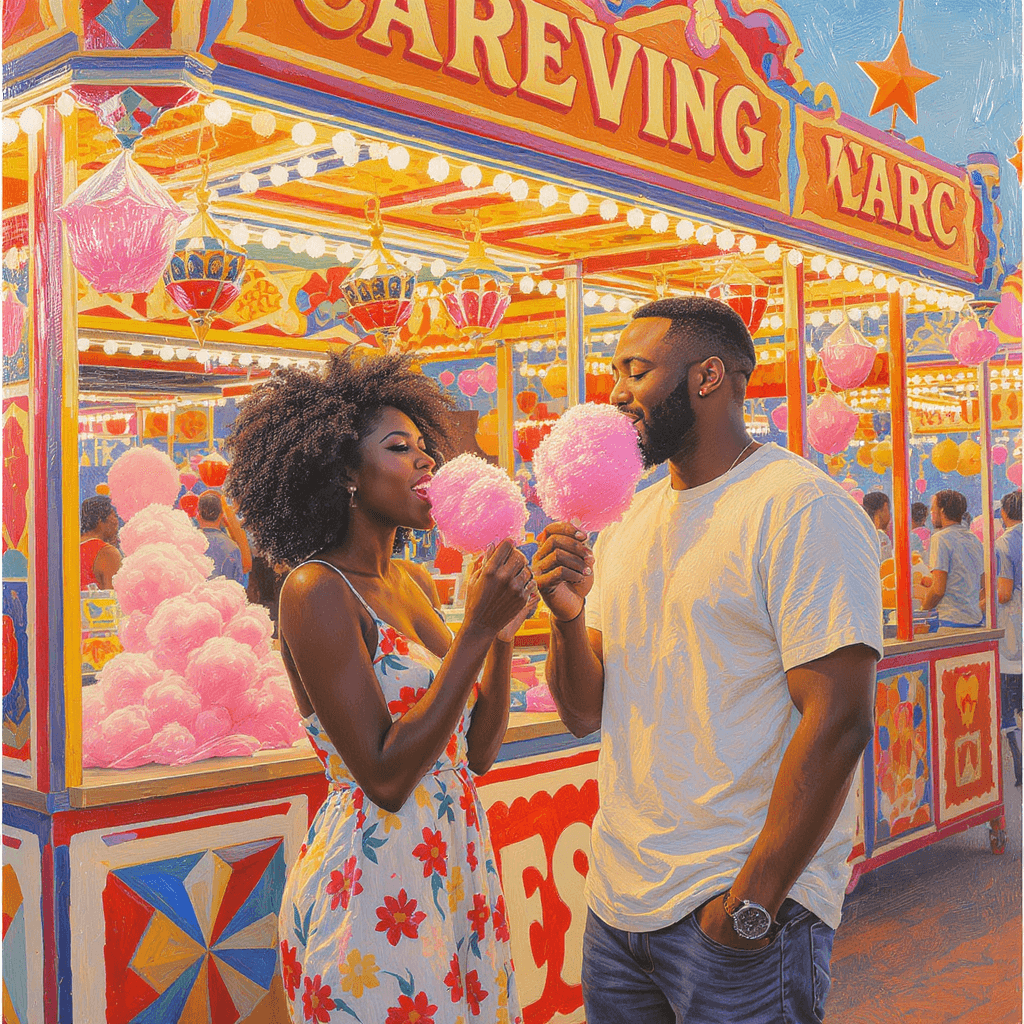 AI generated: A vibrant acrylic oil painting of a young African American couple at a lively carnival. They are sta...
