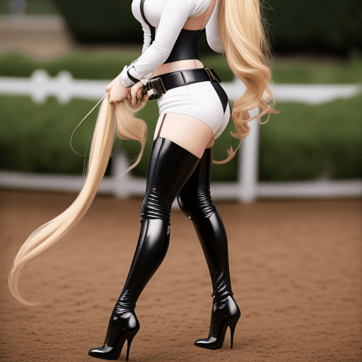 AI generated: a blonde dominatrix with ponytail and glasses in equestrian attire wearing high heel carry a crop lo...
