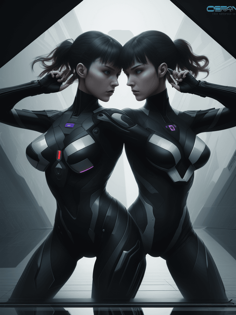 AI generated: polygon effect, Cybernetics, action movie protagonist, cross-cutting scenes of two women, repeating ...