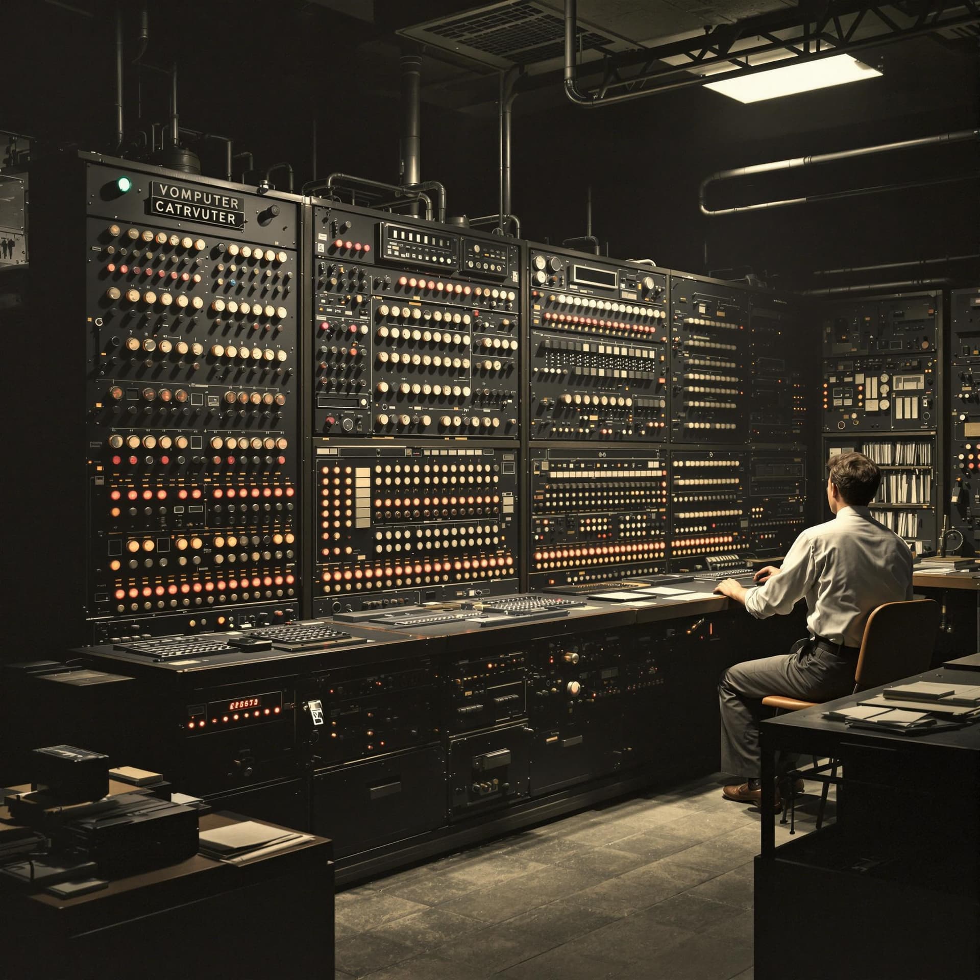 AI generated: Create an image of a first-generation computer from the mid-20th century. The computer should featur...