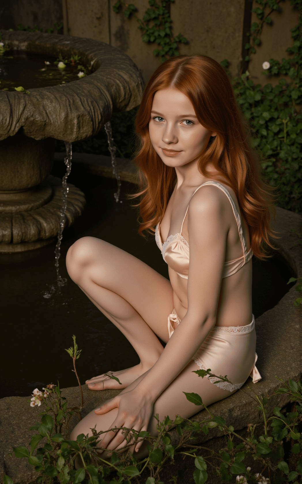 AI generated: A young female sits gracefully beside an old stone fountain in an overgrown Renaissance garden, the ...