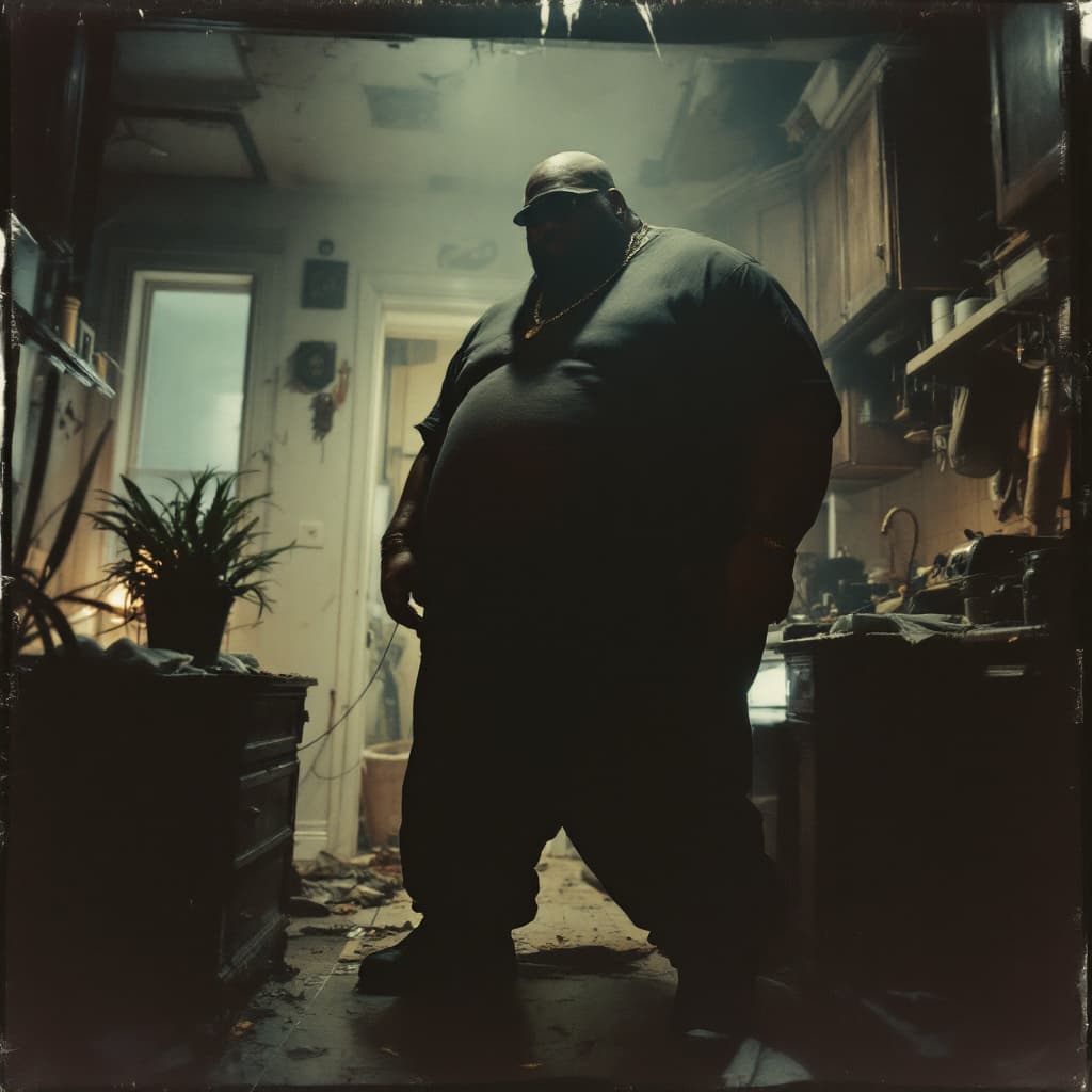 AI generated: grainy 80's photograph quality polaroid of dave blunt the big very very 
fat black rapper caught in ...