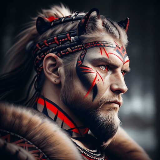 AI generated: hyperrealistic style, portrait photo of a Viking warrior chief, tribal panther make up, red on black...