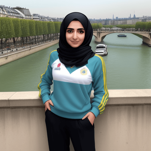 AI generated: "Imagine a photo of a woman who is a member of the Iranian national team in 2024 Olympic. She is smi...