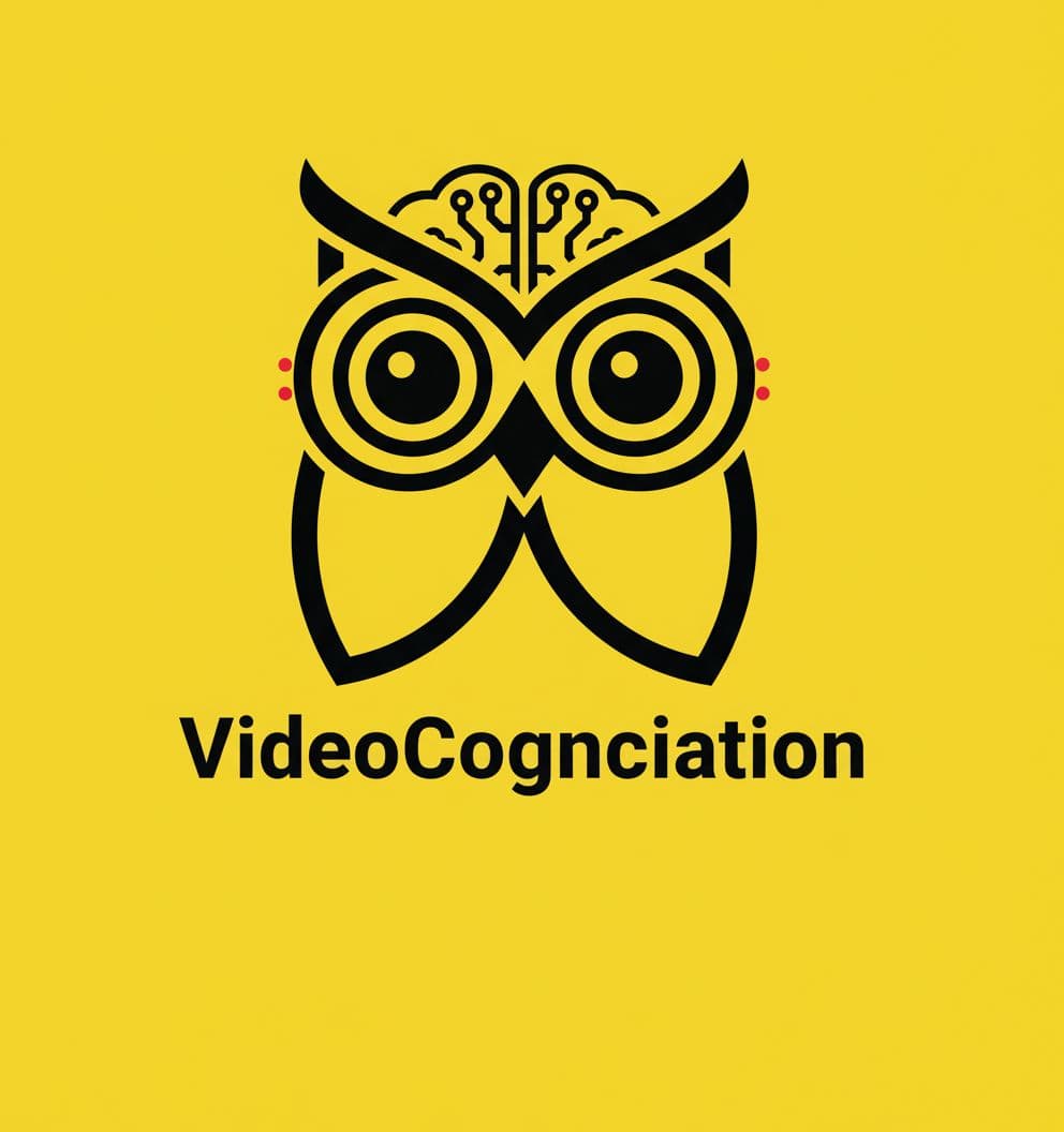 AI generated: Yellow and black logo with the text "VideoCognition" representing an AI powered owl with closed wing...
