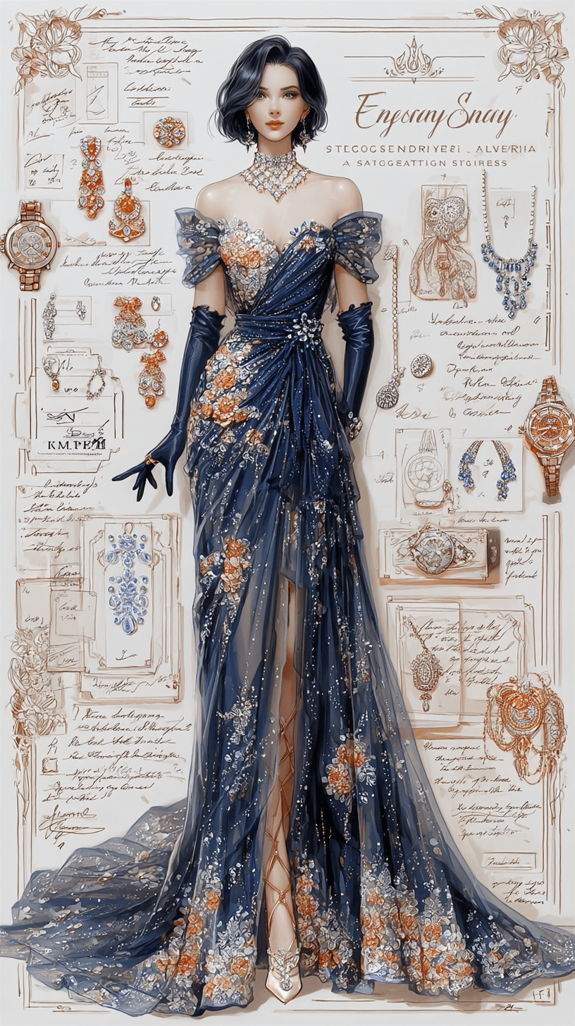 AI generated: A sophisticated fashion illustration of a graceful, elegant woman in a luxurious black evening ball ...