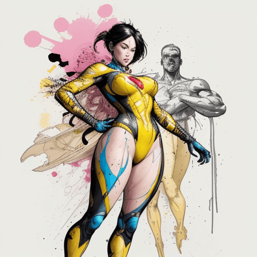 AI generated: a masterpiece, super-mom from dc comic wearing alternate yellow costume, coy and alluring, full body...