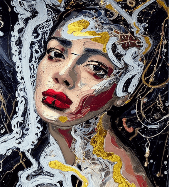 AI generated: Oil painting, high resolution 8k,  Jackson Pollock master painter, Byzantine artwork, 
young black l...