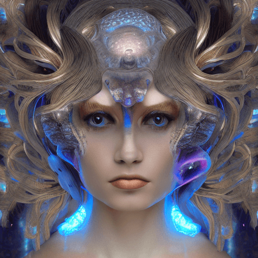 AI generated: Goddess close-up portrait ribcagel. jellyfish phoenix head, nautilus, orchid, skull, betta fish, bio...
