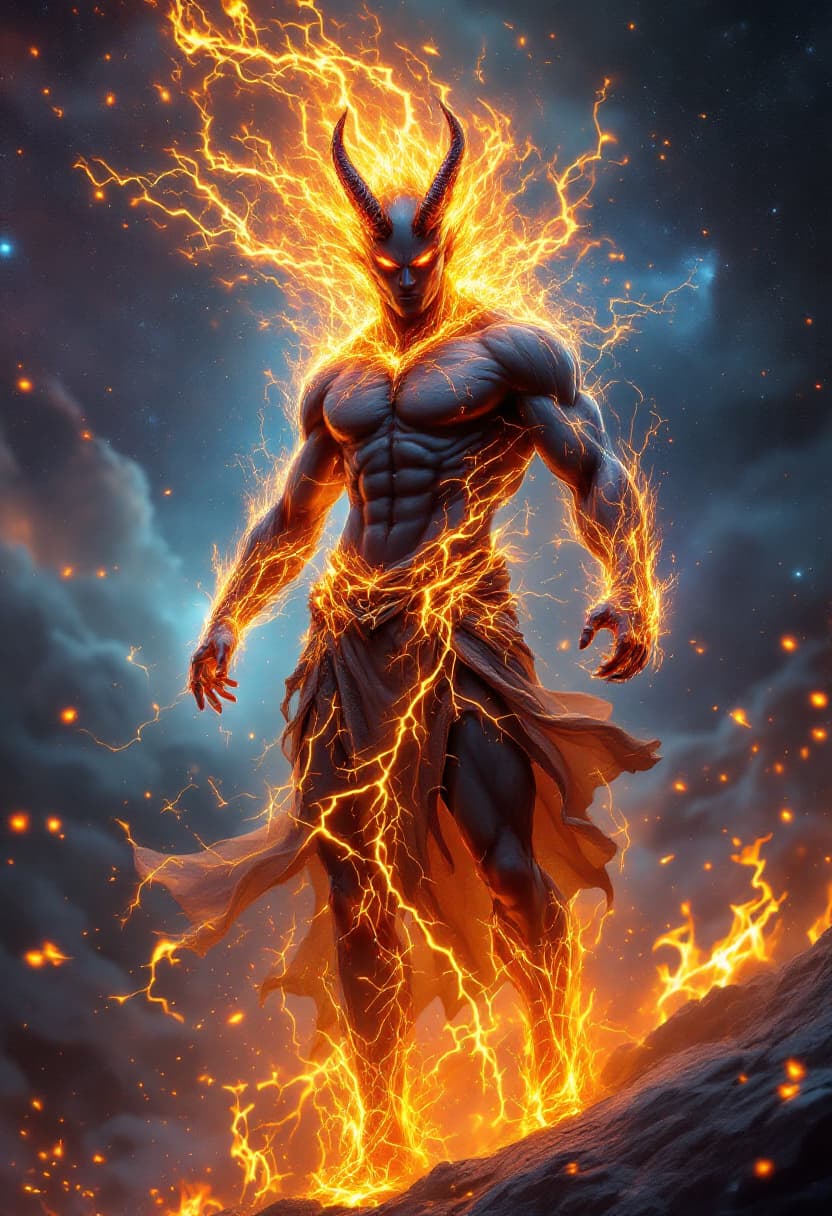 AI generated: God of Fire Lightning and Electricity full-body, Etherial, muscular, charcoal colored skin, Glowing ...