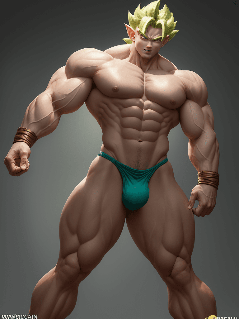 AI generated: Broli from Dragon Ball, caucasian complexion, big muscles and big thighs, lean waisr, handosme, tall...