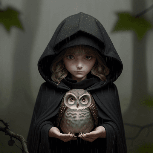 AI generated: A very small and tiny round owl wear black tattered cloak and robe with hood on, heavy raining, agai...