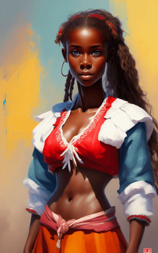 AI generated: Painting of a girl from Sint Marteen, fantasy, 25 years old, big chest, big waist. skinny belly, tra...