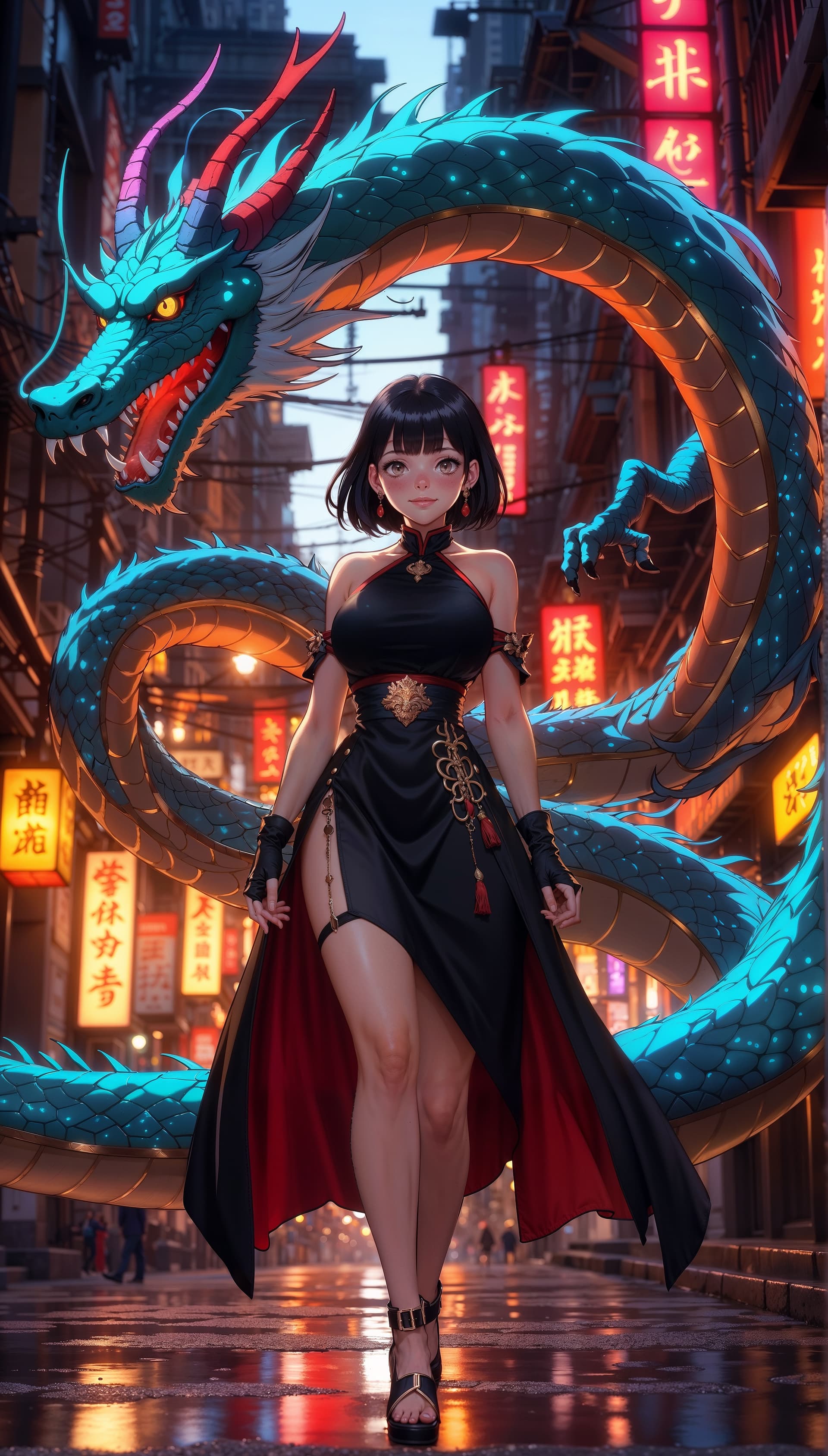 AI generated: Kyoto Animation stylized anime mixed with tradition Chinese artworks~ A dragon flying at modern cybe...