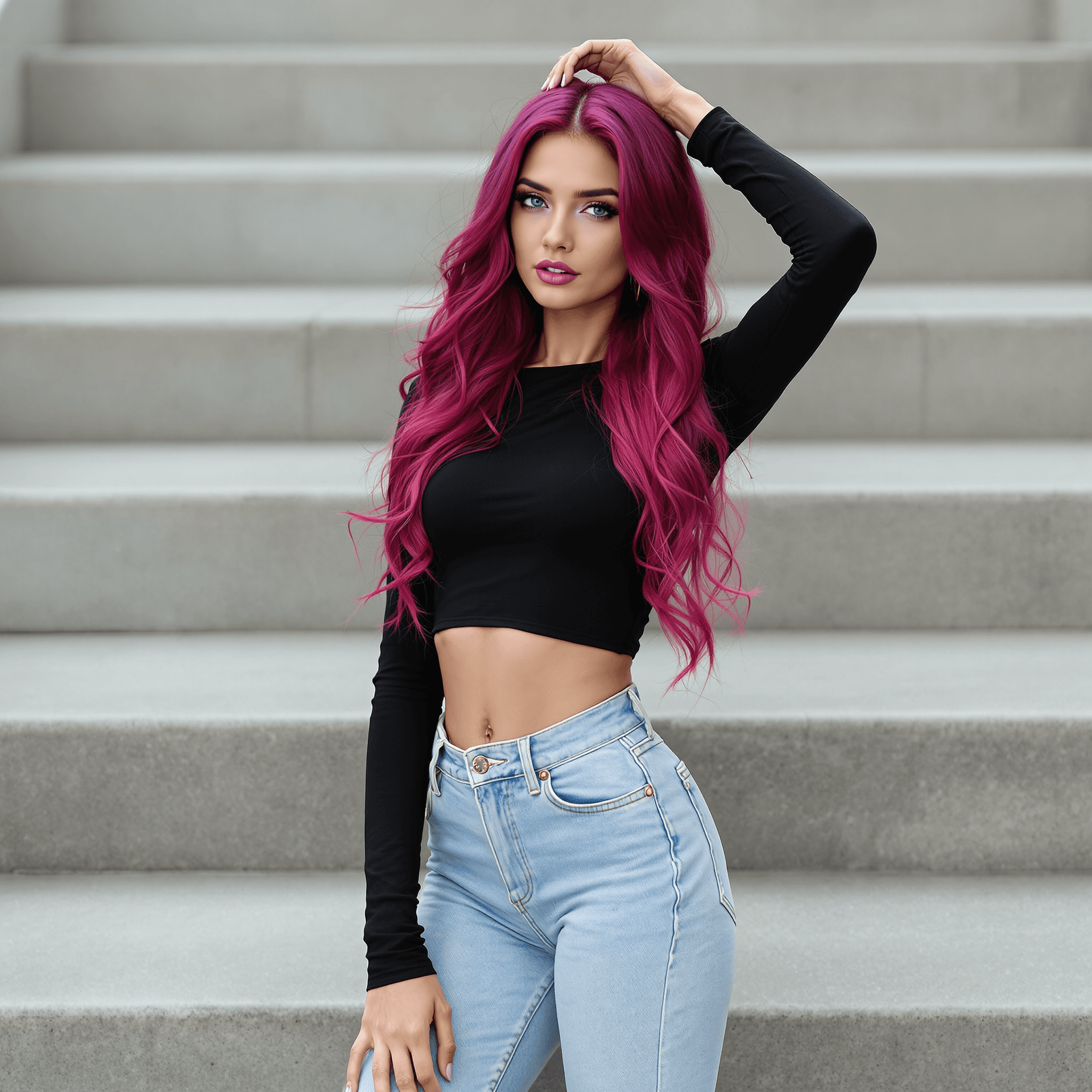 AI generated: The image features a person in a body of , . They are wearing a fitted black crop top and light blue...