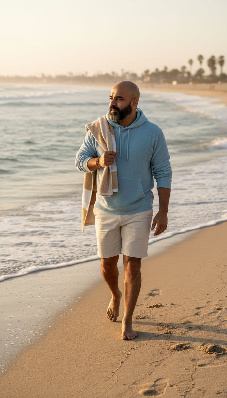 AI generated: Subject: A relaxed late-20s man. Clothing: Light blue terry cloth hoodie, tailored cream-colored sho...