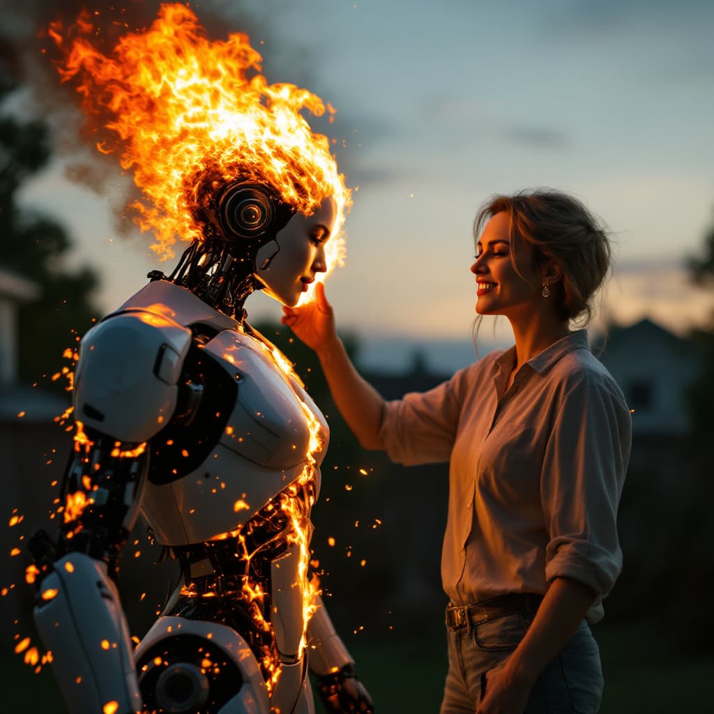 AI generated: An everyday middle-aged man in a t-shirt and jeans awkwardly wields a flamethrower, firing a stream ...