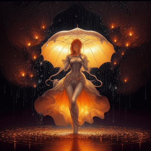 AI generated: An enchanting figure made of enchanted flames stands holding a magnificent umbrella made of cascadin...