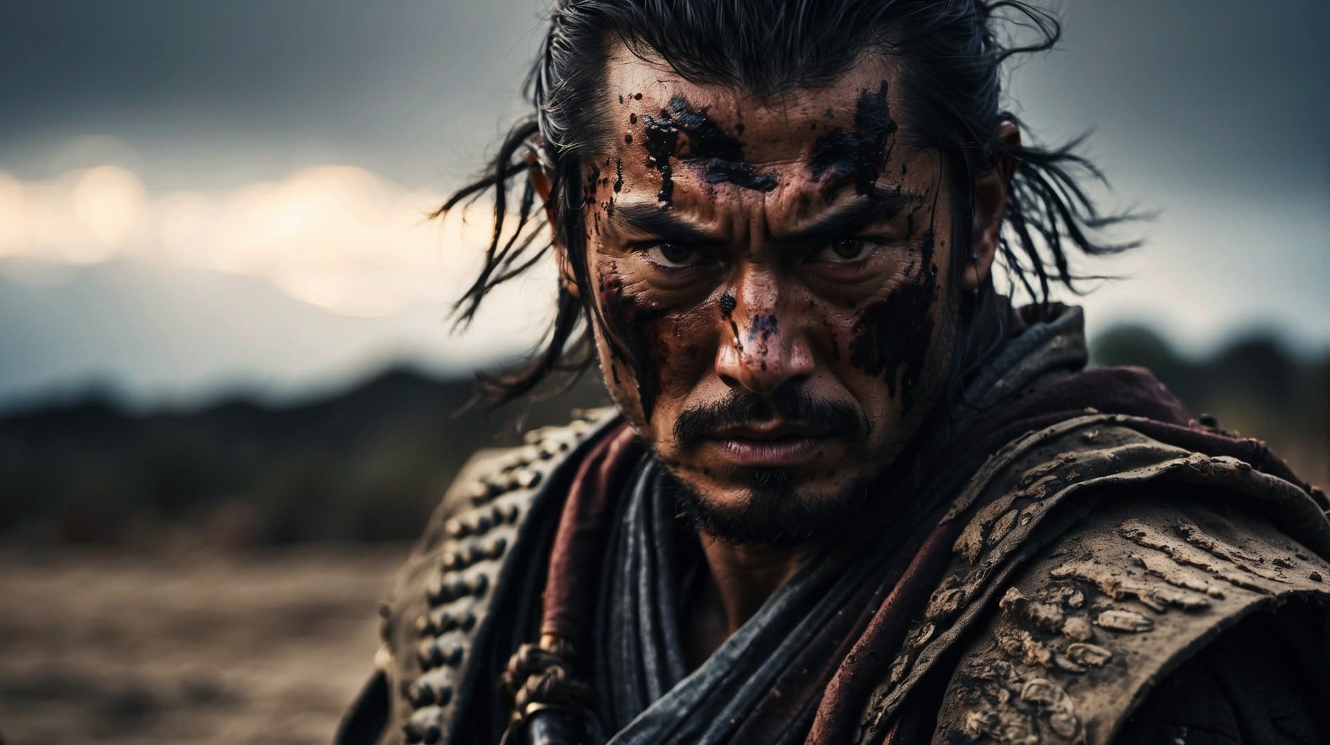 AI generated: Samurai looks at the enemy, stands after the battle, fear and horror on his face, tired and beaten, ...