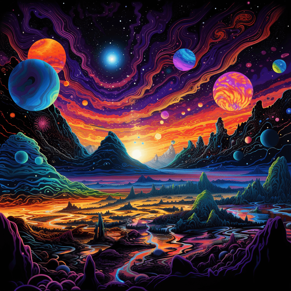 AI generated: Blacklight poster with a heliocentric theme, featuring cosmic spirals of vibrant hues, planets radia...
