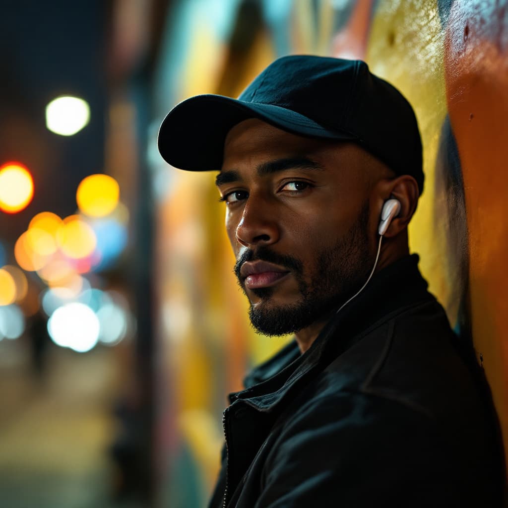 AI generated: Cinematic portrait of a strong, charismatic man wearing a black baseball cap and a stylish urban jac...