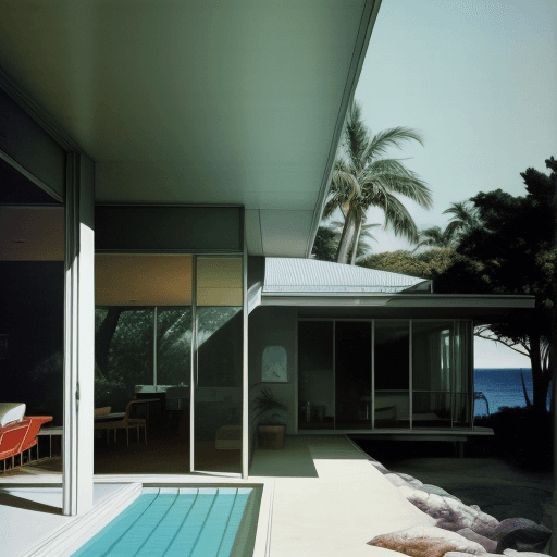 AI generated: Hyper realistic eye level exterior photo of a mid century modern style house overlooking the ocean, ...