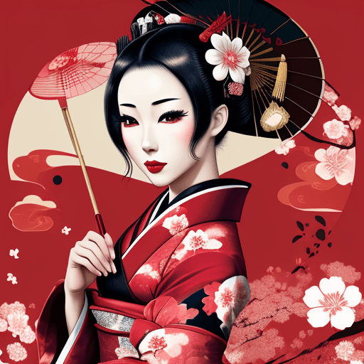AI generated: Geisha , beautifull woman , japanese ! Castel , bloosom cherry , colorful , artistic design