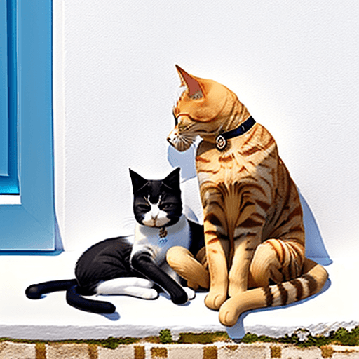 AI generated: cat and dog sleeping together in the sunshine on a greek white wall. Style: Romantic 