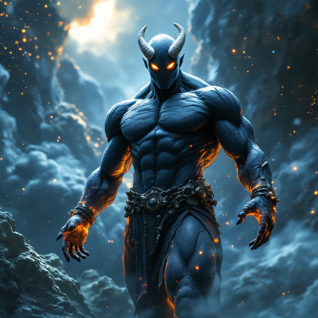 AI generated: God of Acid and Chemicals, full-body, Etherial, muscular, No mouth or hair, Glowing Black eyes, epic...