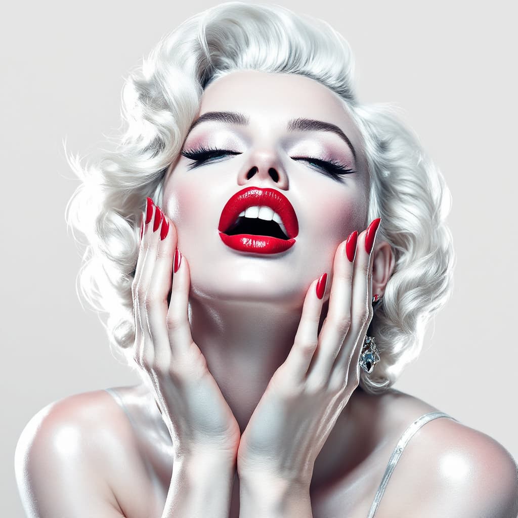 AI generated: white background, beautiful portrait of Marilyn Monroe in white and silver colors, with red lipstick...