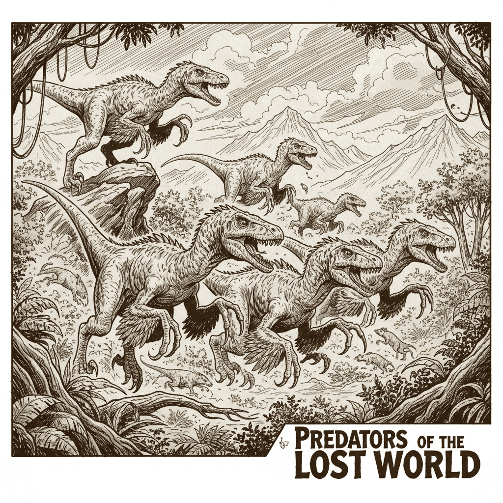 AI generated: 7 Austroraptor Ink illustration with monochromatic sepia tones, comic book style, likely modern era ...