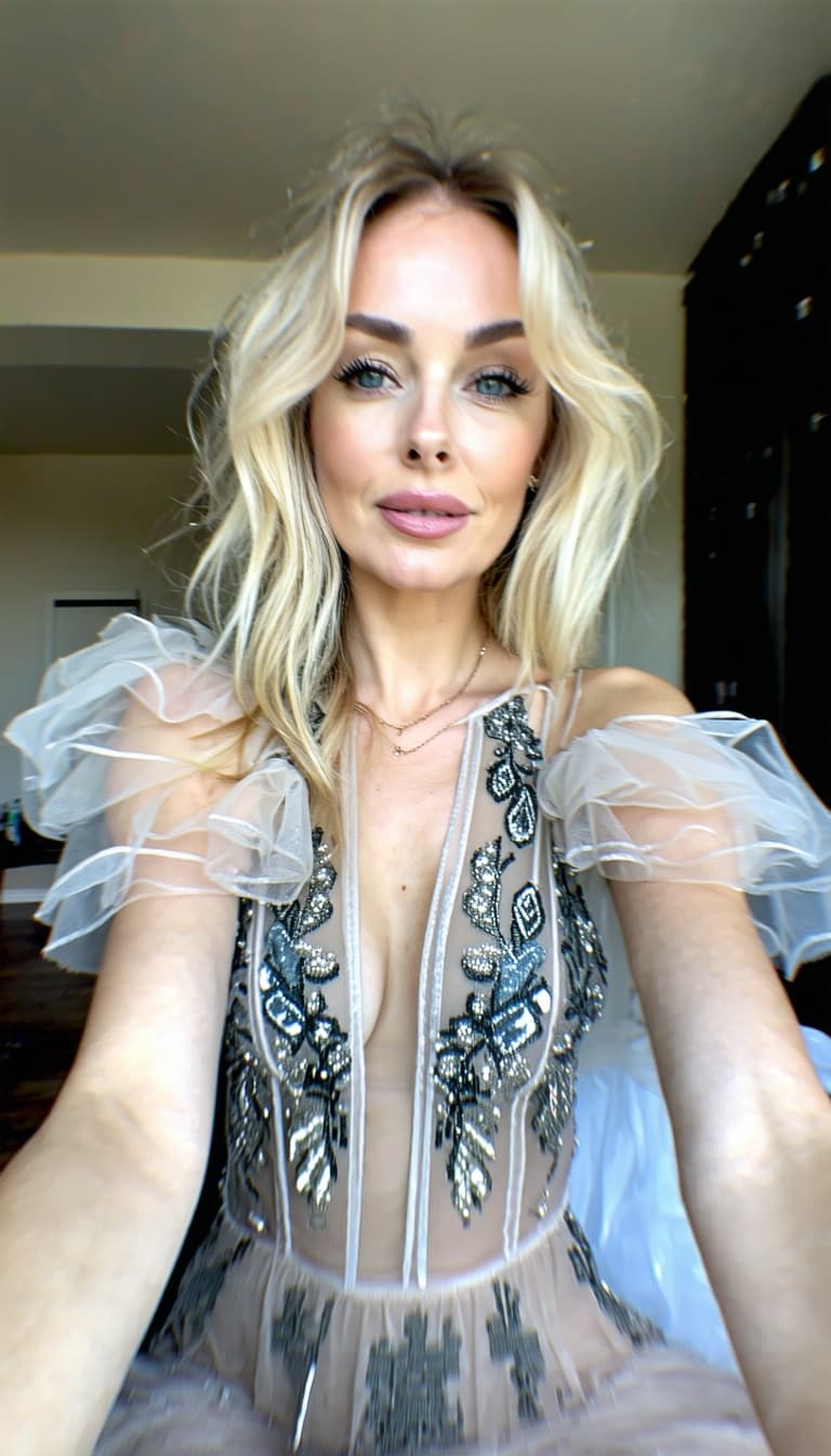 AI generated: blonde, wearing a detailed embroidered dress, blurry selfie