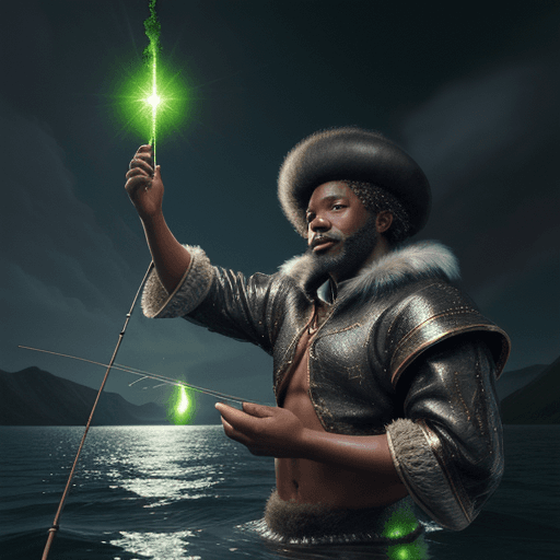 AI generated: black man in 1524 dressed in fur and cow skin finds meteorite while fishing, the green glow cast on ...