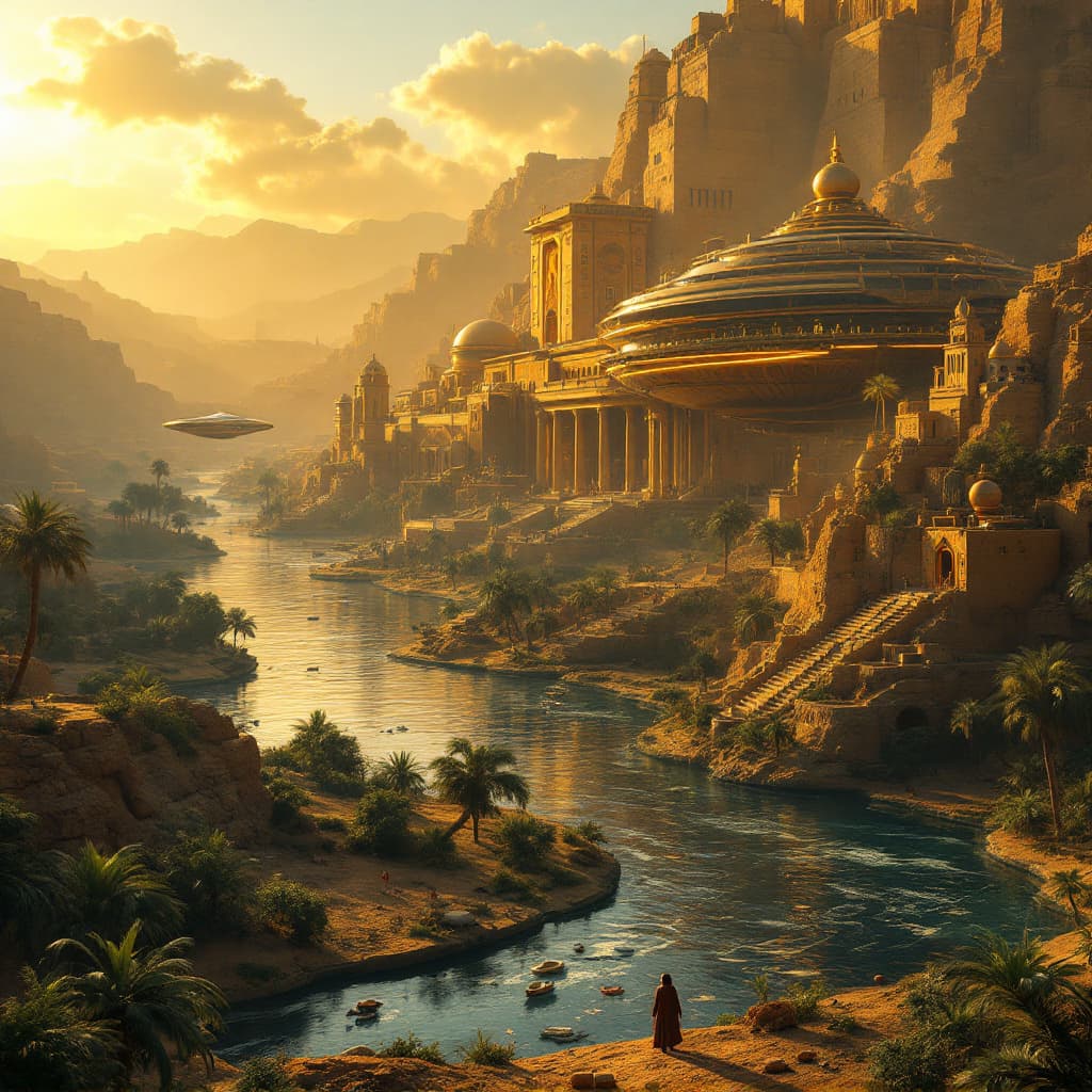 AI generated: A vast golden Abydos Eygpt City in the back of rich thick lush beautiful jungle  thives with rivers ...