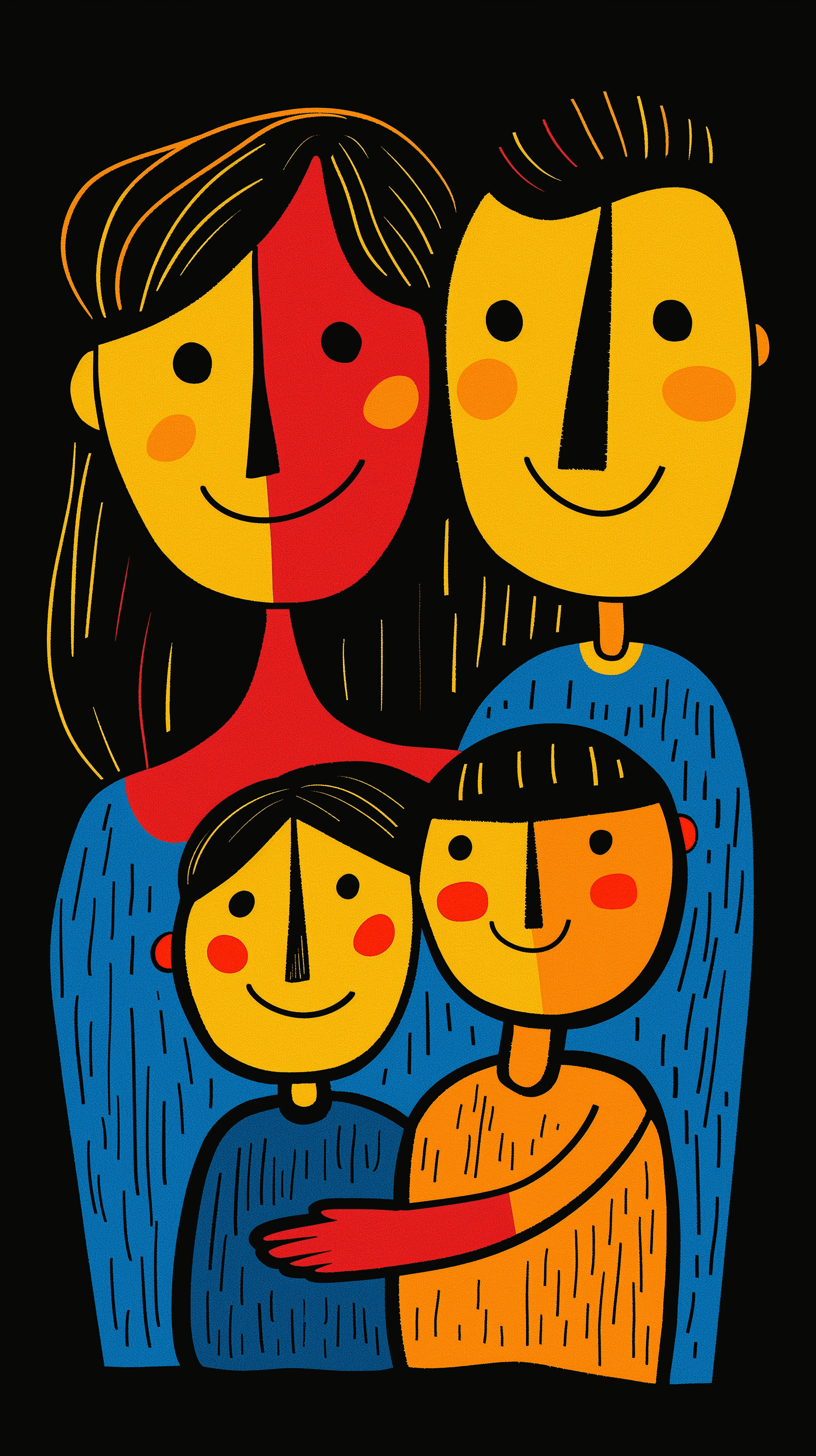 AI generated: illustration art, series of simple, colorful, family, mom, dad, son, daughter, exaggerated, solid-bl...
