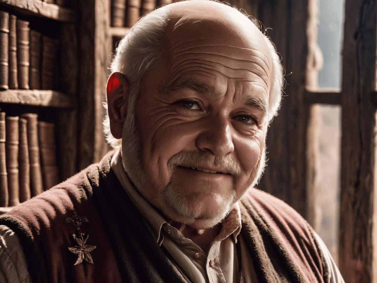 AI generated: Close-up of a jovial, (((burly, chubby old man))) with a heartwarming, ((shaggy bald patch and a ros...