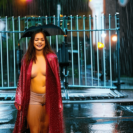 AI generated: Full body photograph, Female model resembling Hailee-Steinfeld, standing in the street in the rain, ...