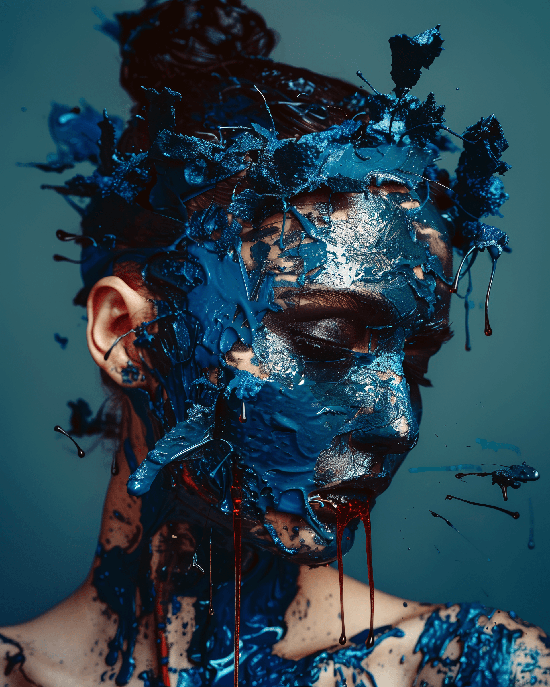 AI generated: A portrait of an ugly woman with skin that is falling off, very detailed face and body, blue paint s...
