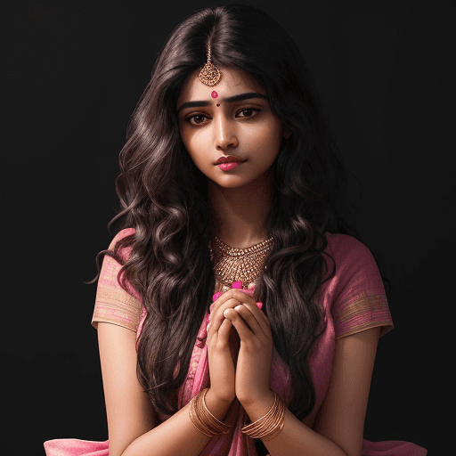 AI generated: A young  indian woman with long wavy brunette hair rests her head on her clasped hands. She wears a ...