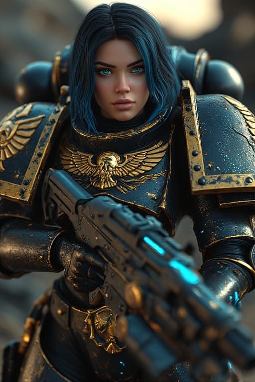 AI generated: ((warhammer 40k)), ((Three-quarter view from the knees to the top of the head)) ,Action pose firing ...
